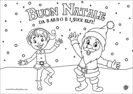 Babbo natale ed elfo che ballano sotto la neve e la scritta Buon Natale - Disegno da Colorare