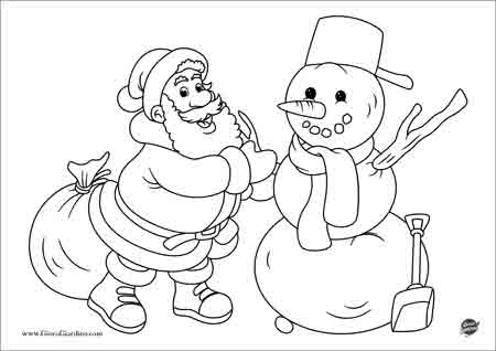 Disegno da colorare di Babbo Natale con un pupazzo di neve
