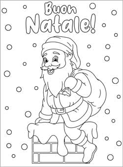 Biglietto auguri natale da stampare e colorare - Babbo Natale con sacco nel camino