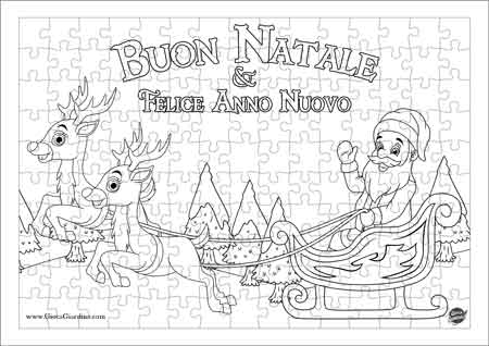 Puzzle da stampare e colorare di Babbo Natale sulla slitta con le renne
