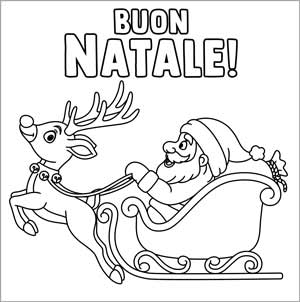 Babbo Natale con slitta e renna - Biglietto auguri natale da stampare e colorare