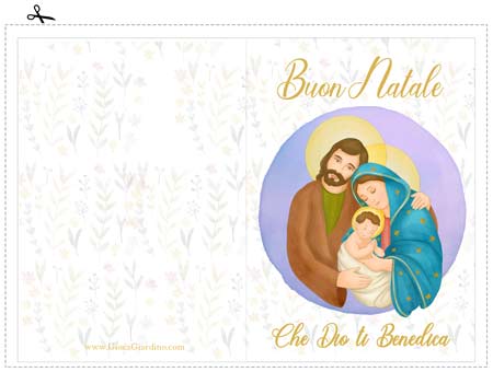 Biglietto auguri natale da stampare con Maria, Giuseppe e Gesù Bambino - Dio vi benedica
