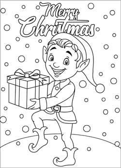 Biglietto auguri natale da stampare e colorare in inglese - elfo di Natale con regalo
