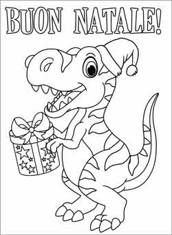 Biglietto auguri natale da stampare e colorare - dinosauro con cappellino e regalo
