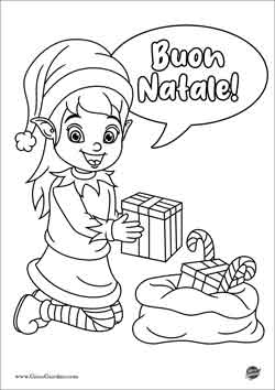 disegno di una elfa di Natale da colorare con sacco di regali