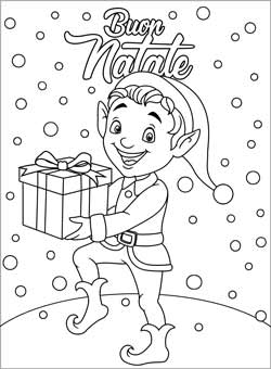 Elfo di Natale con regalo - Biglietto auguri natale da stampare e colorare