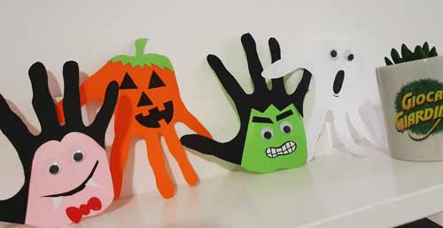Lavoretto di Halloween con cartoncino - Sagome mani - Dracula, zucca, Frankenstein, Fantasma