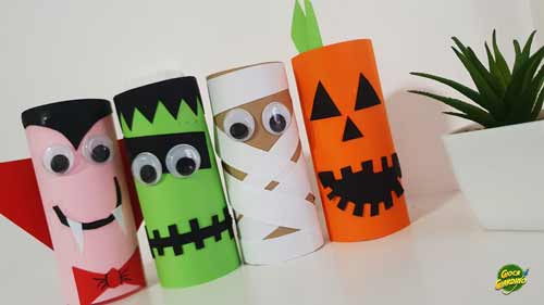 Lavoretto di Halloween con rotoli di carta igienica - : Dracula, Frankenstein, Mummia e la Zucca Jack-o-Lantern