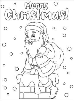 Biglietto auguri natale da stampare e colorare in inglese - Babbo Natale nel camino