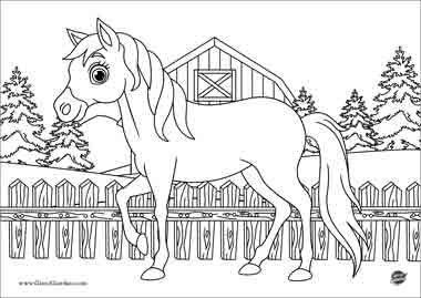Disegno per bambini di un cavallo da colorare nella fattoria