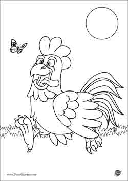 disegno da colorare di un gallo che rincorre una farfalla su un prato