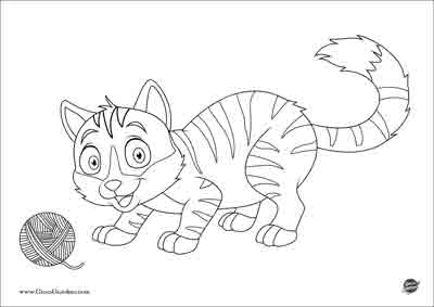 disegno da colorare di un gatto che gioca con un gomitolo di lana