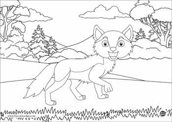 disegno di un lupo da colorare che cammina nel bosco