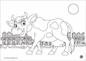 Disegno per bambini di una mucca da colorare nella fattoria