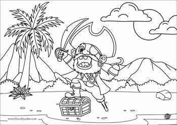 Pirata da colorare con gamba di legno e uncino su un'isola deserta