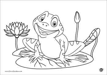 Disegno da colorare per bambini di una rana sulla foglia di una ninfea