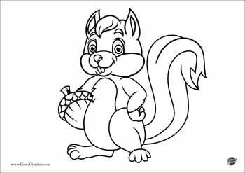 disegno di uno scoiattolo da colorare per bambini con una ghianda in mano