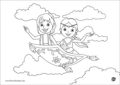 Disegno da colorare di Aladino e Jasmine che volano sul tappeto volante