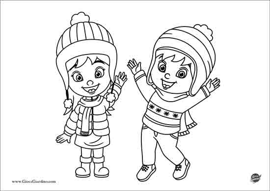 Disegno da colorare di due bambini con indumenti invernali  (cappellino e sciarpa)