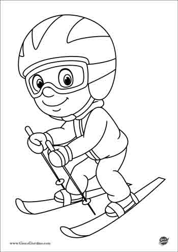 Disegno da colorare di un bambino che scia con il casco in testa in inverno