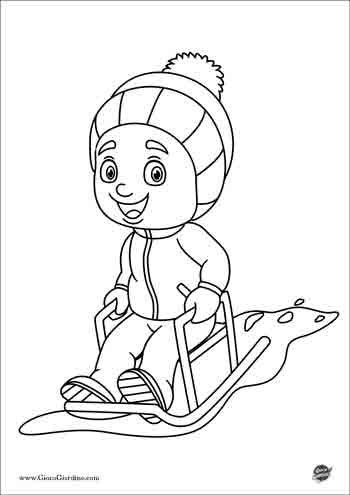 Bambino che gioca su uno slittino in inverno - disegno da colorare