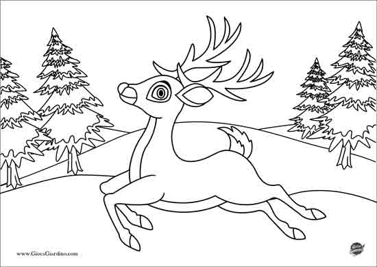 Disegno da colorare di una renna che salta in un paesaggio invernale e innevato - animali invernali
