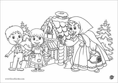 Disegno da colorare di Hansel, Gretel e la strega vicino alla casa di marzapane