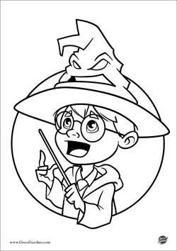 Disegno da colorare di Harry Potter con il cappello parlante in testa