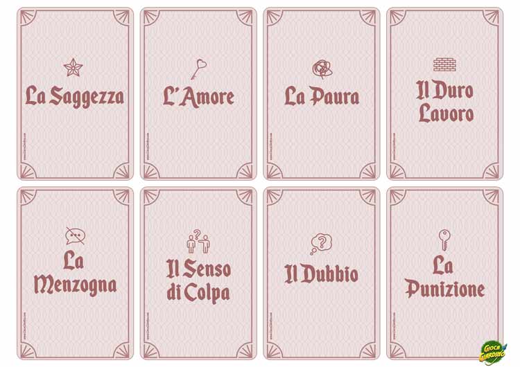 Carte per inventare storie - Saggezza, Amore, Paura, Lavoro, Menzogna, Senso di Colpa, Dubbio, Punizione