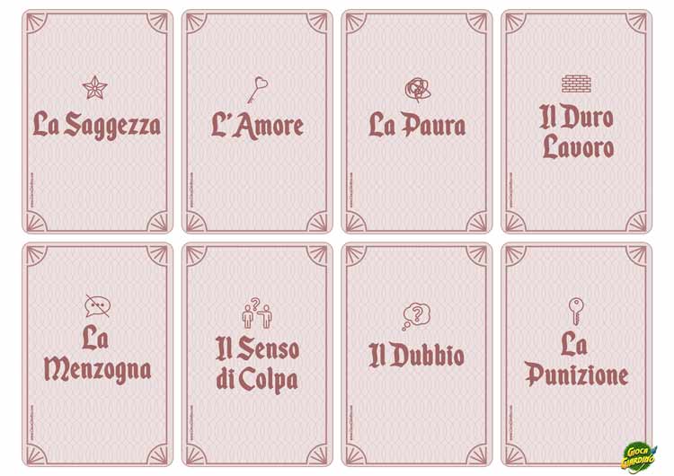 Carte per inventare storie - Saggezza, Amore, Paura, Lavoro, Menzogna, Senso di Colpa, Dubbio, Punizione