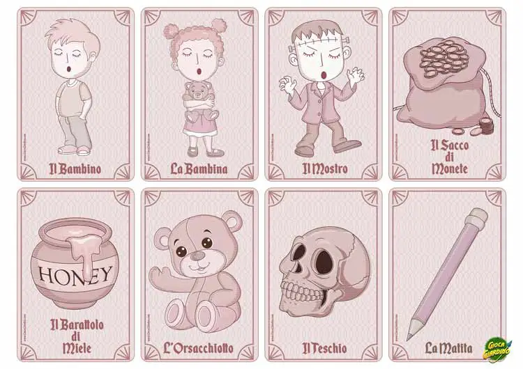 Carte per inventare storie - i personaggi  e oggetti  - bambino, bambina, mostro, sacco di monete, miele, orsacchiotto, teschio, matita