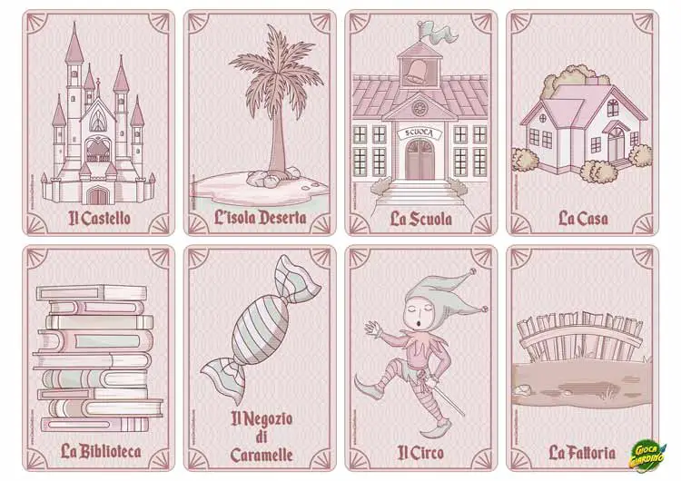 Carte per inventare storie -Luoghi - Castello, Isola, Scuola, Casa, Biblioteca, Negozio di Caramelle, Circo, Fattoria