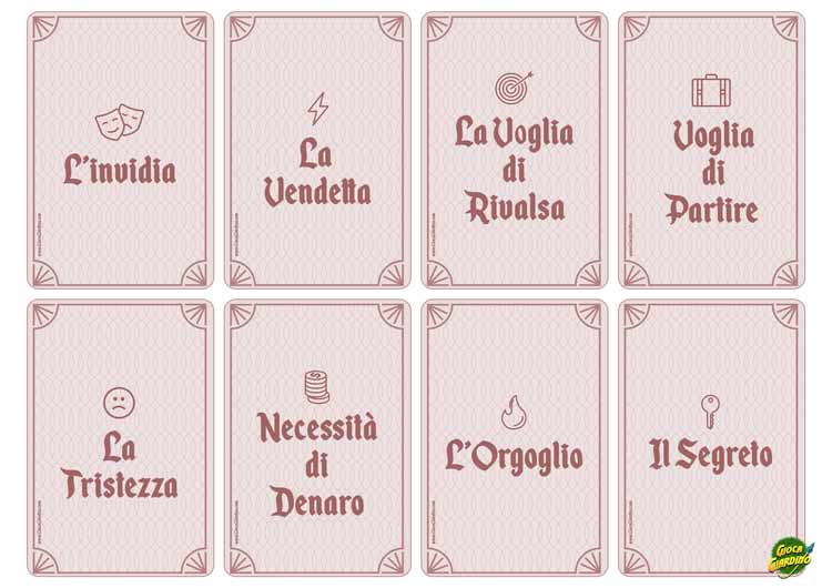 Carte per inventare storie - Emozioni e desideri - Invidia, vendetta, voglia di rivalsa, voglia di partire, tristezza, orgoglio, segreto, necessità di denaro