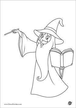 Disegno da colorare di Mago Merlino con un libro e una bacchetta Magica
