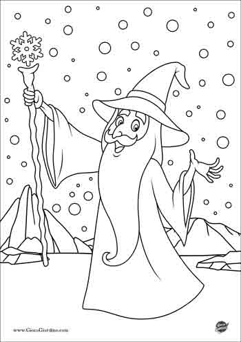 Disegno da colorare del mago dell'inverno con un bastone e uno sfondo innevato