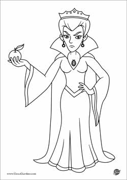 Disegno da colorare della regina cattiva di Biancaneve con una mela in mano