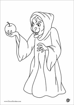 disegno da colorare della strega cattiva di Biancaneve con la mela in mano