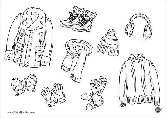 Disegno da colorare di tanti indumenti invernali: giacca, scarponcini, cappellino, paraorecchie, calzini invernali, guanti da neve