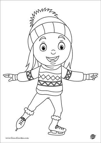 Disegno da colorare di una bambina che pattina sul ghiaccio con un cappellino - disegno sull'inverno