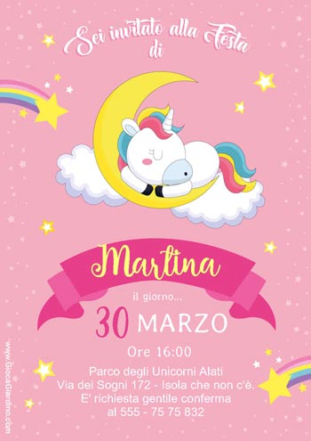 Invito compleanno a tema unicorno da stampare e compilare