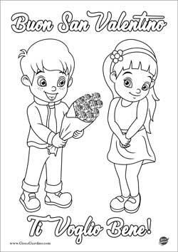 Disegno da colorare di un bambino che regala delle rose a una bambina - scritta Buon San Valentino