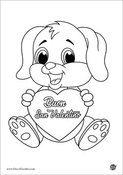 Disegno da colorare di un cagnolino con un cuore con la scritta Buon San Valentino