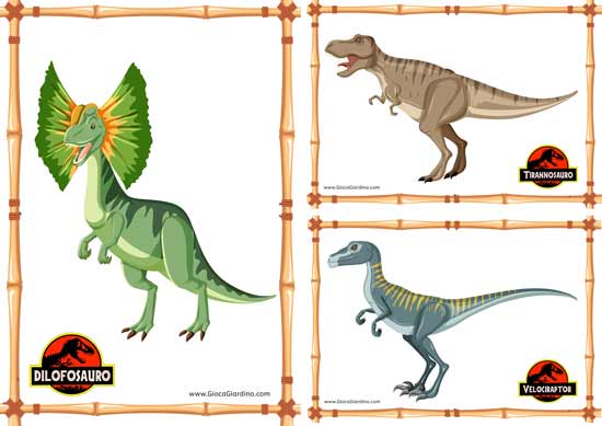 Cartelli per caccia al tesoro - Dilofosauro, tirannosauro, velociraptor