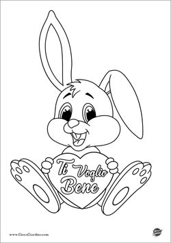 disegno da colorare di un coniglio con un cuore in mano con la scritta "Ti Voglio Bene"