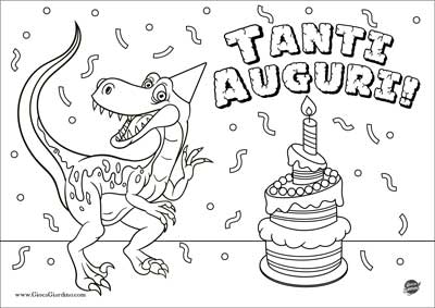 disegno da colorare con scritta tanti auguri, dinosauro con cappellino da festa e torta