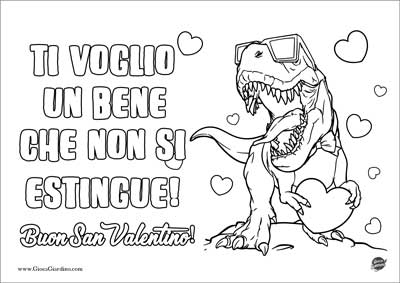 Disegno da colorare di un dinosauro con gli occhiali e un cuore in mano - Buon San Valentino