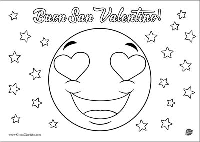 Disegno da colorare di una emoticon con gli occhi a cuore e la scritta buon san valentino