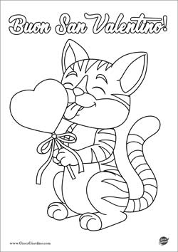 Disegno da colorare di un gattino che con un lecca-lecca a forma di cuore
