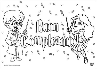 Disegno buon compleanno da colorare con Harry Potter e Hermione Granger