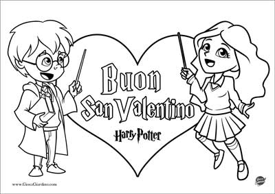 Disegno da colorare di Harry Potter ed Hermione con un cuore con la scritta buon san valentino